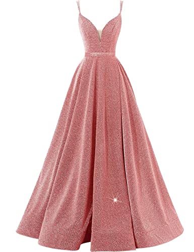 Image of Women's Glittery Spaghetti V-Neck Prom Dresses Long A Line Bridesmaid Dresses Side Split Formal Evening Gowns Peach,US02