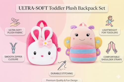 Image of Cartoon Plush Kids School Bag 2-6 Years | Soft Toy Backpack for Boys & Girls | Toddler Nursery Preschool Bag | Lightweight Adjustable Straps
