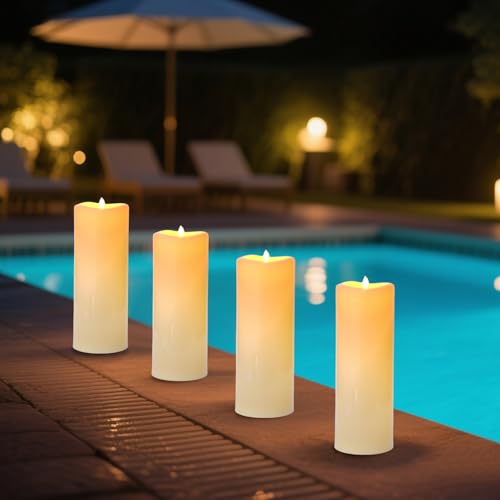 Image of Large Outdoor Flameless Candles, 5 inchx14 inch Battery Operated Electric Flickering Fake Candles with Remote, Waterproof Plastic Pillar Candles for Porch Lanterns Patio Decor (Ivory White, Set of 2)