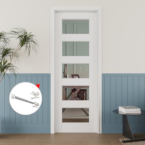 Image of 28 inch x 80 inch 5-Lite Clear Glass Pocket Door, Soft-Close Sliding Pocket Door with Frame & Hardware Kit Set, Primed All-Inclusive Interior Door Slab for Home, White, Need to Assemble
