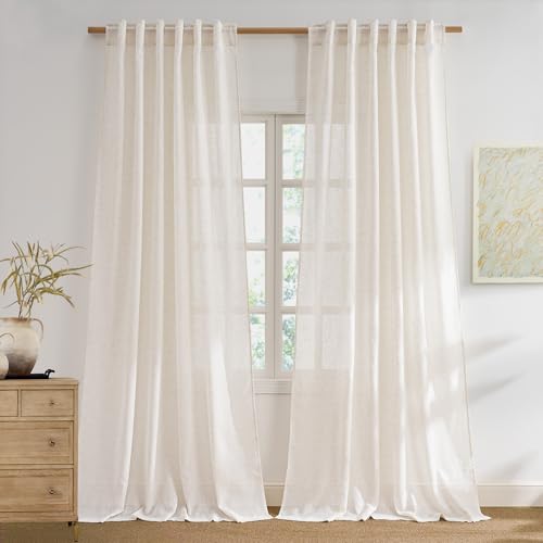 NICETOWN Ivory Sheer Linen Curtains 84 Inch Length for Bedroom Living Room 2 Panels Ivory Rod Pocket & Back Tab Semi Sheer Drapes Privacy Semitransparent Farmhouse Window Treatment W52 x L84