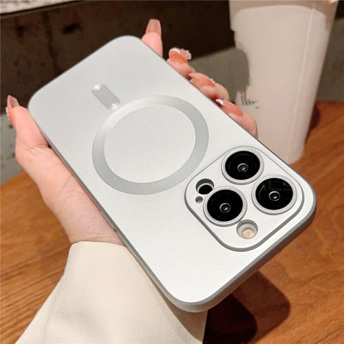 Étui de chargement sans fil magnétique et couverture mate argent pour iPhone 15 Pro Max