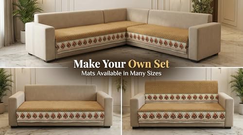 Image of Velvet Quilted Sofa Cover Mat Seat & Back, L Shape 3+2, Main L69in Chaise L46in H32in, Gold Color,Anti Skid Backing, 6in Hanging Strap Design, Washable Soft, Style -Gold-L32