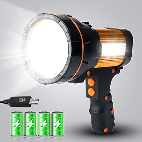 MAYTHANK High Powered LED Torch Super Bright Rechargeable Flashlight Large 4 Batteries Big Searchlight Hand held Powerful Spotlight Heavy Duty Strong USB Search Light High Lumens Cover