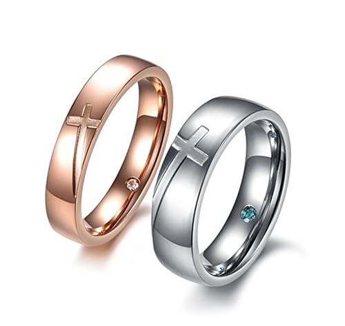 Aotiwe Anillos Compromiso Mujer Plata Oro Rosa Anillo Cruz Circón Redondo, Blanco Circón Ronda Acero Titanio Anillos Pareja Mujer 20 & Hombre 12