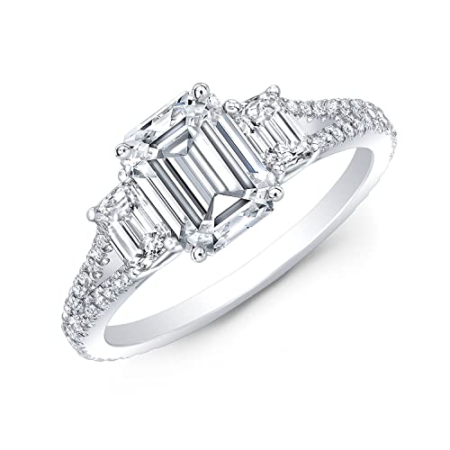 Blocaci 3 Stone Emerald Cut Engagement Rings for Women White Gold, 1CT Center Moissanite Engagement Ring Platinum Plated Silver 10K 14K 18K Gold Wedding Anniversary Rings for Her with Text Engraving