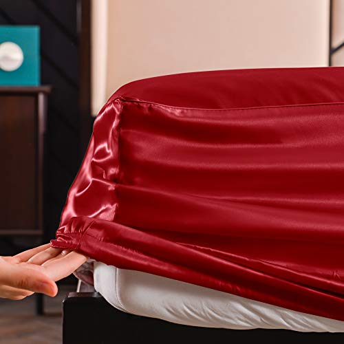 Thxsilk 7A+ Silk Fitted Sheet, 1 Fitted Sheet Only, 100% Mulberry Silk Bottom Sheet, Silk Bed Sheet With Deep Pocket 16", Machine Washable, Durable, Queen Size, Red #TOP3