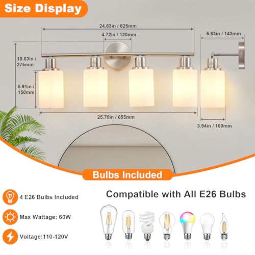 Image of DLLT 4-Light Bathroom Light Fixtures: Nickel Modern Vanity Lights with E26 Bulbs - Milky White Glass Shade Bathroom Wall Lamp for Mirror Kitchen Living Room Hallway Cabinet Porch
