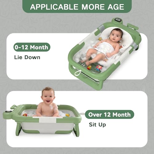 Image of Foldable Baby Bathtub for Newborn to Toddler (0-24 Months), Portable Baby Bath Tub for Travel, Collapsible Baby Tub with Soft and Supportive Cushion (Astronaut-Green)