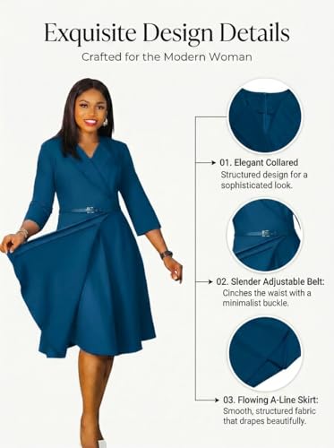 Image of Elainone Women 3 /4 Sleeve Casual Swing Flared A Line Dress Wedding Guest Semi Formal Office Work Dresses with Belt