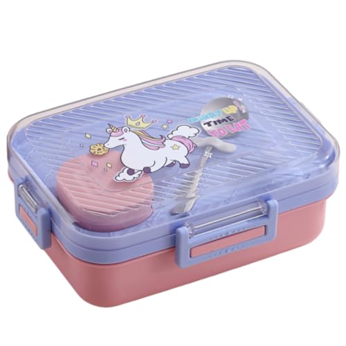 Image of ATTRO Monark Unicorn Themed Kids Lunch Box with Inner Steel 3 Compartment 1 Small Container, 1 Spoon & Separate Internal Lid Leakproof- 750ml+70ml Lavender