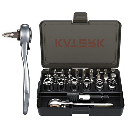 Katerk 28 in 1 Magnetic Screwdriver Set, 90 Degree Offset Ratcheting Wrench,Mini Ratchet Wrench Set, Right Angle Ratcheting Screwdriver Set and Bit with Metric Socket Set for Tight Spaces