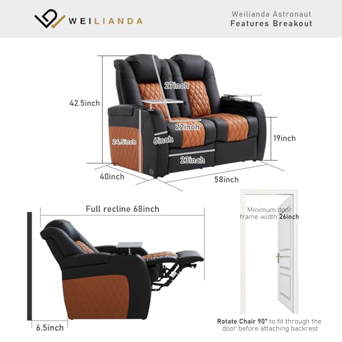 Image of Weilianda Home Theater Seating, Top Grain Leather Movie Theater Chair | Row of 2 Loveseat, Zero Gravity, Power Headrest, Tray Table, Electric Reclining Seat for Media Room
