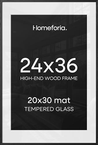 Image of Homeforia 24x36 Black Wood Frame, High End Oak 24x36 Large Wooden Poster Frames with Mat 20x30 inch Photo, 24 x 36 Picture Frame Matted to 20 x 30, 36x24 Thin Frame, Tempered Glass, Wall Kit, Set of 1