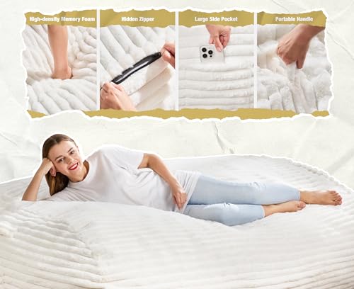 Image of Hobestluk 6FT Bean Bag Chairs Adult Bean Bag with Portable Handle Comfy Large Bean Bag Lounge Chair with Removable Cover for Living Room Bedroom (Stripe White, 6FT)