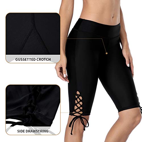 Shorts de natação femininos ATTRACO de cintura alta, calcinha de natação lisa, Black Side Drawstring