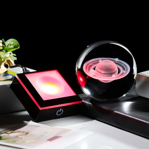 Image of Arikyrist 3D Saturn Crystal Ball Figurine with LED Base, Laser Engraved Glass Planet Model Sphere Gifts for Home Office Decor, Saturn Planet Model Space Universe Gifts for Astronomy Lovers (80mm)