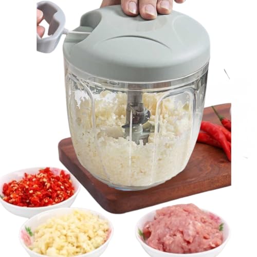 Multizerkleinerer Gemüseschneider manuell zwiebel zerkleinerer mit Seilzug 900ml vegetable chopper für Obst, Gemüse, Kräuter, Nüsse 5 Sekunden Fleischwolf Blitzhacker 5 Scharfe Edelstahlklingen (grün)