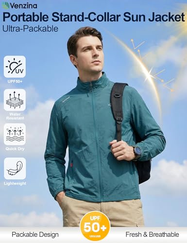 Image of Venzina Sunscreen Jacket for Men Sunproof Jacket for Men UPF 50+ Slim Fit Stand Collar Wind Resistant Packable Breathable Quick Dry Running Bike Outdoor Sports Blue L
