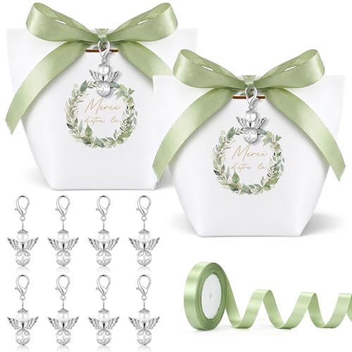 BBTO 24 Pièces Boîtes à Dragées pour Mariage avec Ruban Pendentif d'ange Gardien Contenant Dragées Communion Boîtes Cadeaux Baptême Confirmation...