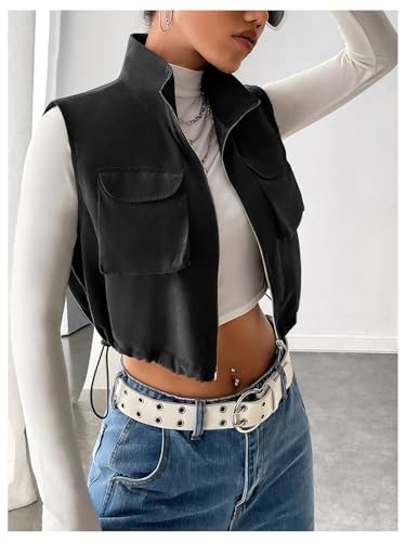 Women's Zip Up Vest Sleeveless Drawstring Hem Y2K Cropped Jacket Outerwear