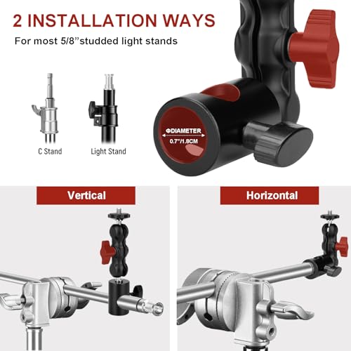 Image of Light Stand Mount Adapter with Double Ball Head - Compatible with Camera Monitor, Ring Light - Fits Flat Head Light Stand, Boom Arm - Max Load 4.4lb /2kg - 1 /4'' Screw
