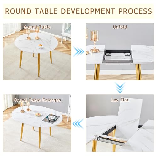 Image of Extendable Round Dining Table Set for 6, 42-54 inch Expandable Dining Table with 6 Upholstered Chairs, Engineered Wood Top, Space-Saving Round Kitchen & Dining Room Table Set(1 Table + 6 White Chairs)
