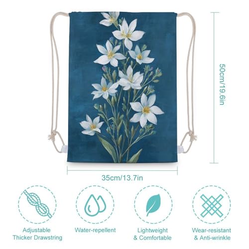 White Flower Green Leaves Drawstring Backpack Canvas String Bag Lightweight Sports Gym Bag for Men Women2