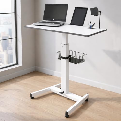 Image of Isomars Ergonomic Height Adjustable Laptop Table. Sit Stand Table with Lockable Wheels. Standing Desk for Home & Office with Adjustable Height