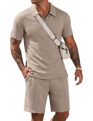 COOFANDY Mens Matching Shirt and Shorts Set Polo Zip Summer Fashion Outfits Casual Short Sleeve Suit 2 Piece Tracksuit