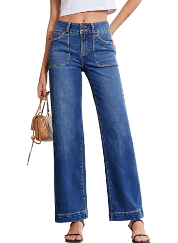 Sidefeel Women's High Waisted Jeans Straight Leg Stretchy Tummy Control Wide Leg Denim Pants Dark Blue Size 14