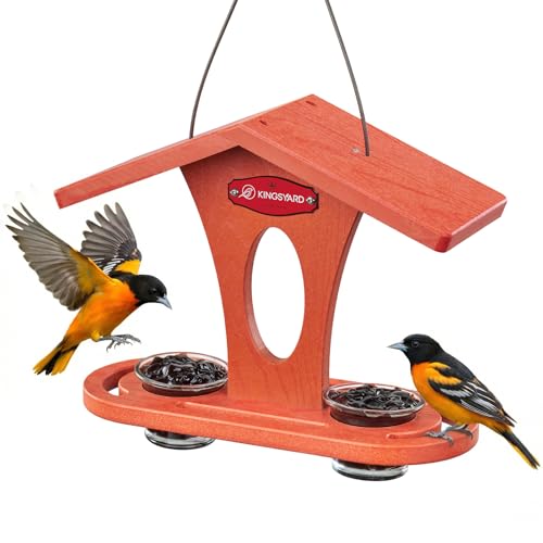 Kingsyard Bird Feeder for Outdoor Hanging, Recyceled Plastic Oriole Jelly Feeder, Two Dishes w/ 5 oz, Durable & Weatherproof, for Bird Lovers, Orange