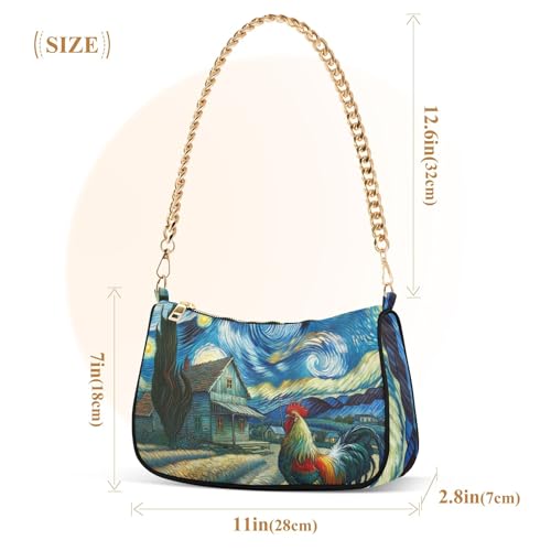 Farmhouse Rooster Starry Night One Shoulder Purses for Women Hobo Purse Clutch Designer Medium Handbag Tote Zipper Closure3