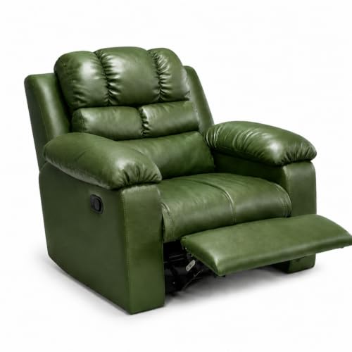 Image of Foire Electric Leather Recliner Chair with Swing & Rock Function | Relaxation Top Leather Reclining Armchair with Padded Headrest & Lumbar Support | Premium Comfort for Home, Office, Olive Green
