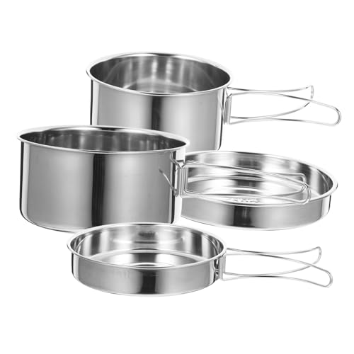 GAROZATION 1set Stainless Steel Camping Cookware Portable Outdoor Cups Plates Frying Pan Stew Pot for Camping Hiking Fishing and Barbecue Use