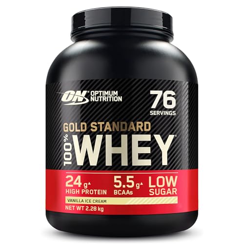 Optimum Nutrition Gold Standard 100% Whey, Proteína en Polvo para Recuperacíon y Desarrollo Muscular con Glutamina Natural y Aminoácidos BCAA, Sabor Helado de Vainilla, 76 Dosis, 2.28 kg