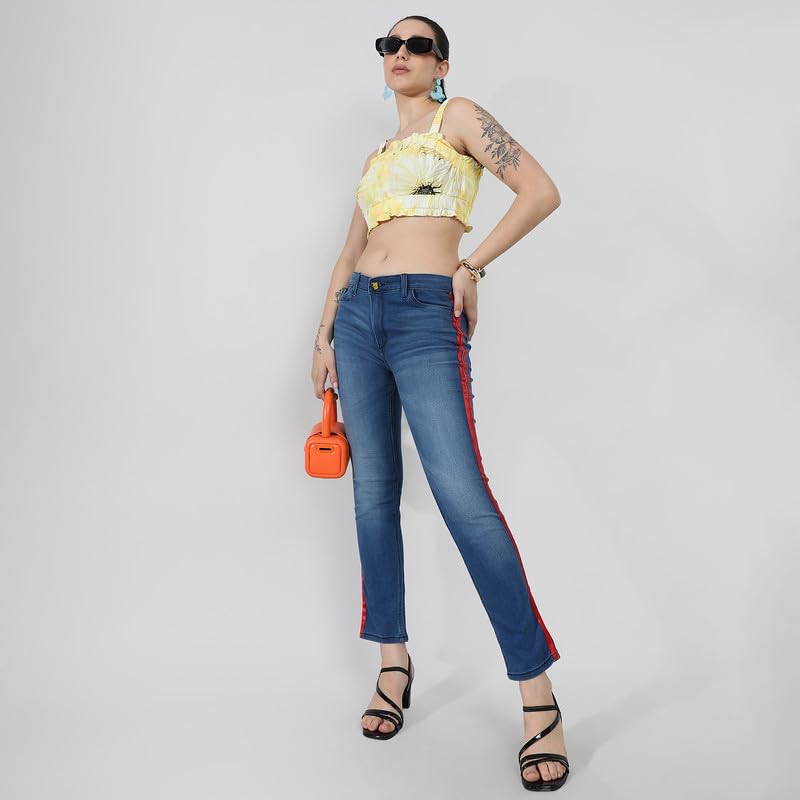Image of PINACOLADA Women's Side-Striped Denim Jeans for Casual Wear | Light-Wash | Regular Fit | Button Closure | Cotton Denim Jeans Crafted with Comfort Fit for Everyday Wear