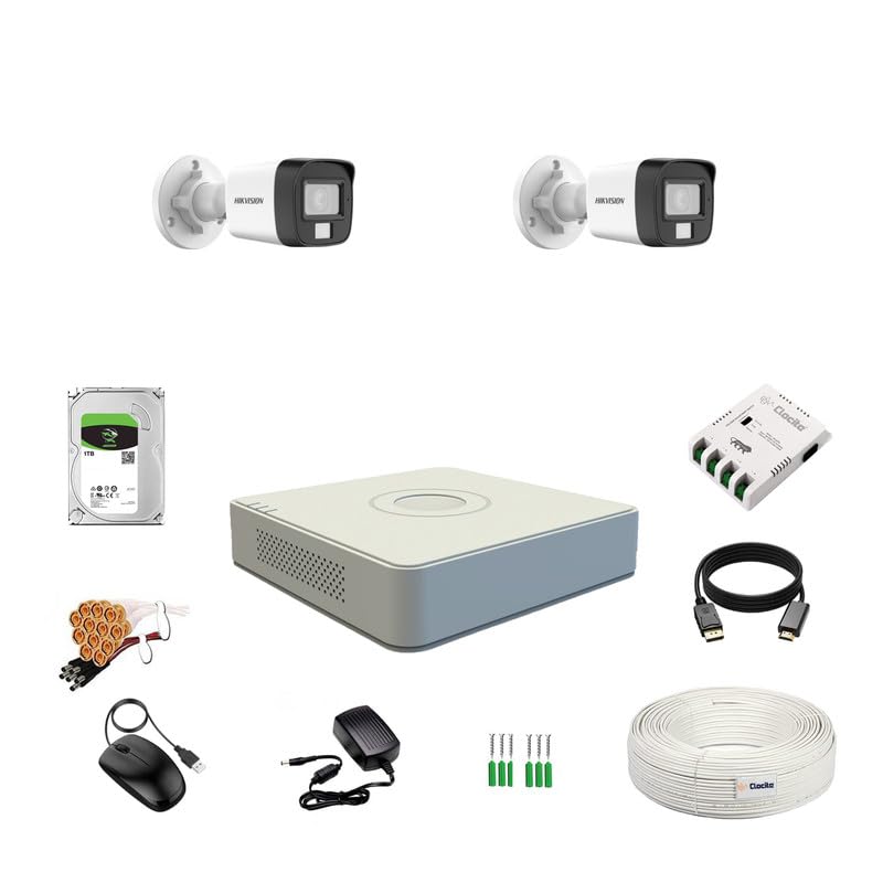 Clocite HIKVISION Full HD 4 Channel DVR, 2 MP 2 Bullet Cameras [Color Night Vision + Built-in Audio MIC + Smart Dual Light + Motion Detection] + 1 TB HDD 4 CH SMPS + CCTV Cable + BNC & DC