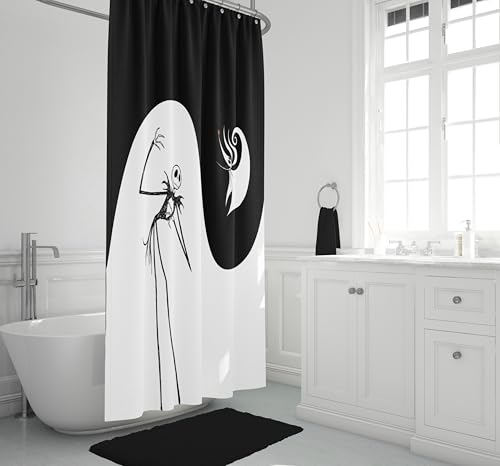 Image of Jay Franco Disney Nightmare Before Christmas Fabric Shower Curtain - Kids Swirl Black and White Bathroom Decor with Jack Skellington and Zero