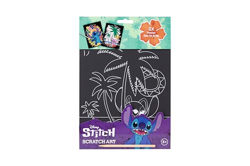 Disney Stitch Scratch Picture Set For Children, Creative Scratch Art With 2 Large Posters, 26 X 19.5 Cm, Includes Wooden Scratch Pen, Rainbow Colour E