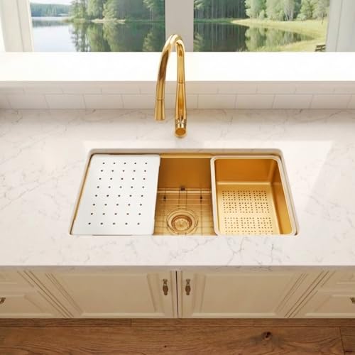 Image of 32 inch Gold Undermount Kitchen Sink,Single Bowl Modern Kitchen Sink,Stainless Steel Workstation Sinks (Gold, 32 X 18 inch)