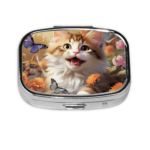 ピルボックス 猫 自撮り 花 蝶 スクエア ピルケース ミニ メタル トラベル ピルボックス 財布用 小型 かわいい 2コンパートメント 薬 ピル オーガナイザー ポータブル ピル 容器 ホルダー 毎日の薬 ビタミン