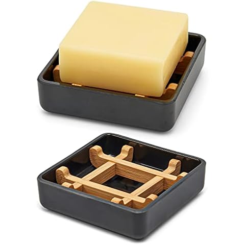 Bamboo Soap Dishes for Bar Soap Holders for Shower for Bathroom Sink Bulk Small Wooden Soap Tray Jabonera Pretty Neat Ventilated Soap Dish Disj Disk, Detachable (Single Right Angle Black) Cover