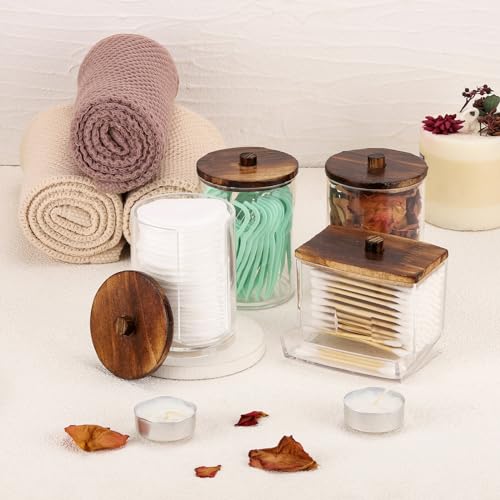 Image of Tbestmax 4 Pack Qtip Holder Dispenser, 10 /7oz Bathroom Container for Cotton Ball Cotton Swabs Pads, Apothecary Jar with Wood Lids for Organizer and Storage (Brown)