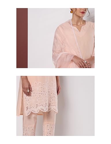 Image of Amazon Brand - Myx Women's Pure Cotton Schiffli Embroidered Kurta Set with Dupatta (Available in Plus Sizes)