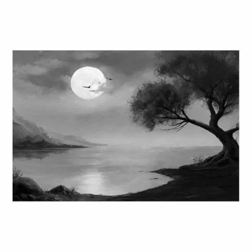 Peinture sur toile noir et blanc Moon Lake 80x120cm sans cadre pour decoration murale salon