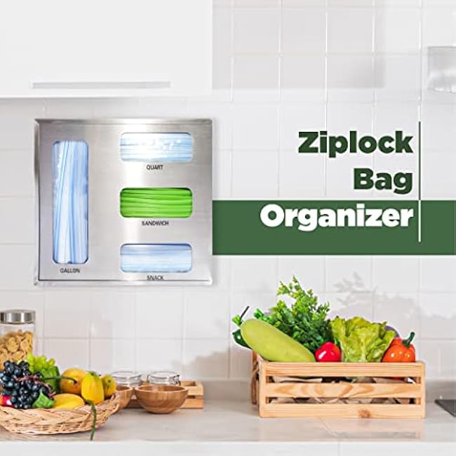 Anywills Silver Stainless Steel Ziplock Bag Organizer for Kitchen Drawer, Compatible with Gallon, Quart, Sandwich and Snack Variety Size Bags (1 Box 4 Slots)