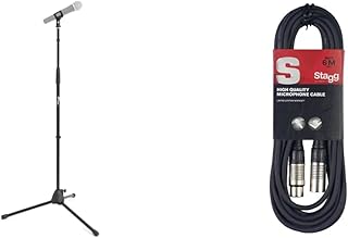 Tiger MCA21-BK Straight Microphone Stand with Tripod Base - Adjustable Mic Stand - Black & Stagg SMC6 6 metre standard microphone cable