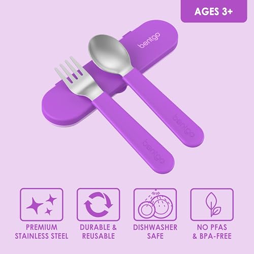 Image of Bentgo Kids Stainless Steel Utensil Set - Reusable Fork, Spoon & Storage Case, PFAS- & BPA-Free, Easy-Grip Handles, Lightweight, Dishwasher Safe, School Lunch, Travel & Outdoors (Purple)