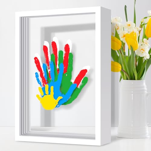 Image of Omrhvi Family Handprint Kit, Hand Prints Keepsake Frame, DIY Craft Gift for New Parents & Mom & Baby, Grandparents, Mother's Day, Father's Day, Adoption Day, Anniversary, 6 Non -Toxic Paints (White)